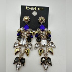 NWT Amazing 4" Bebe brand Gold Tone and colored Rhinestone statement earrings!